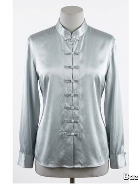 Kate Hill Silver Satin Mandarin Collar Blouse